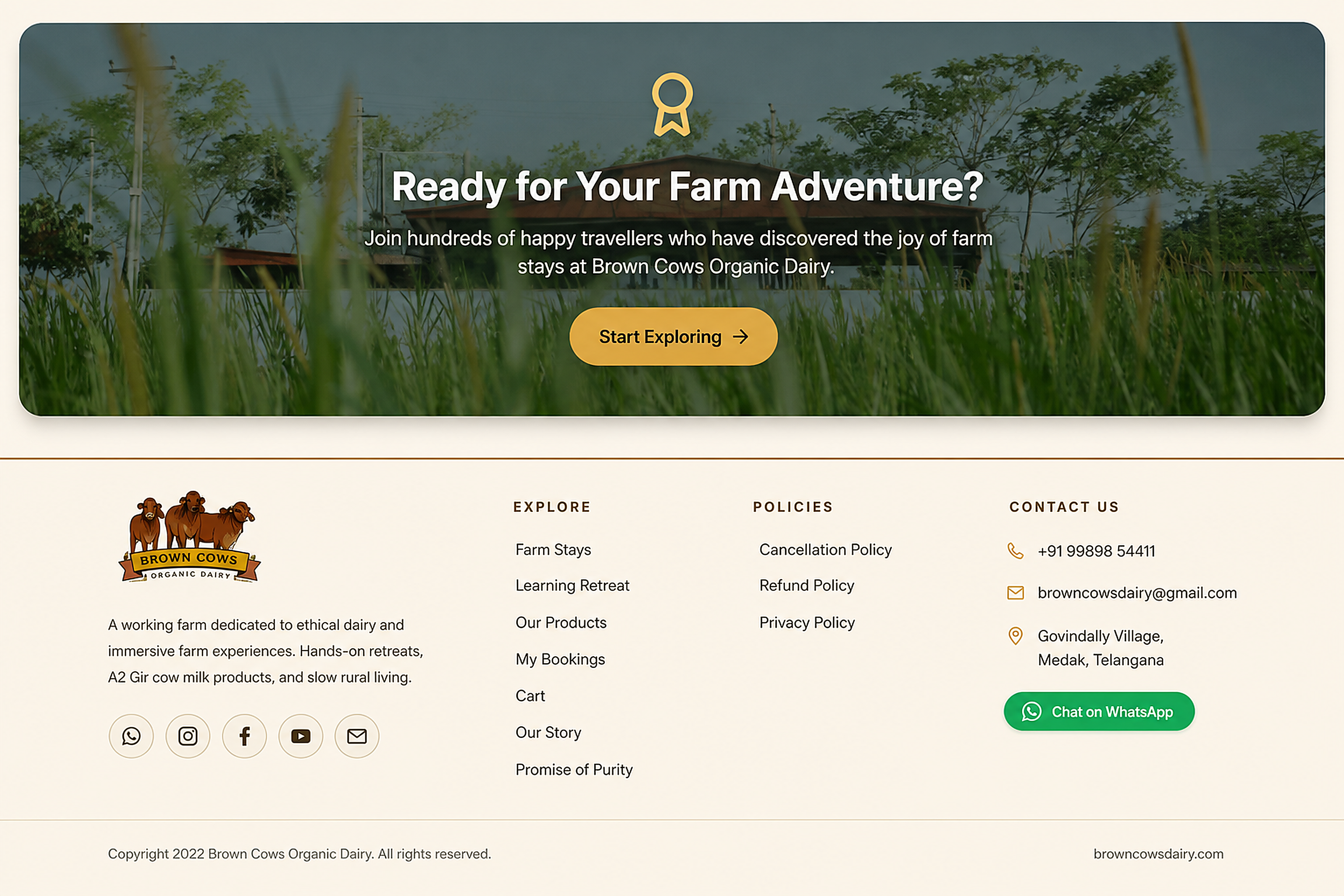 CTA + footer, adventure banner, explore links, contact, WhatsApp