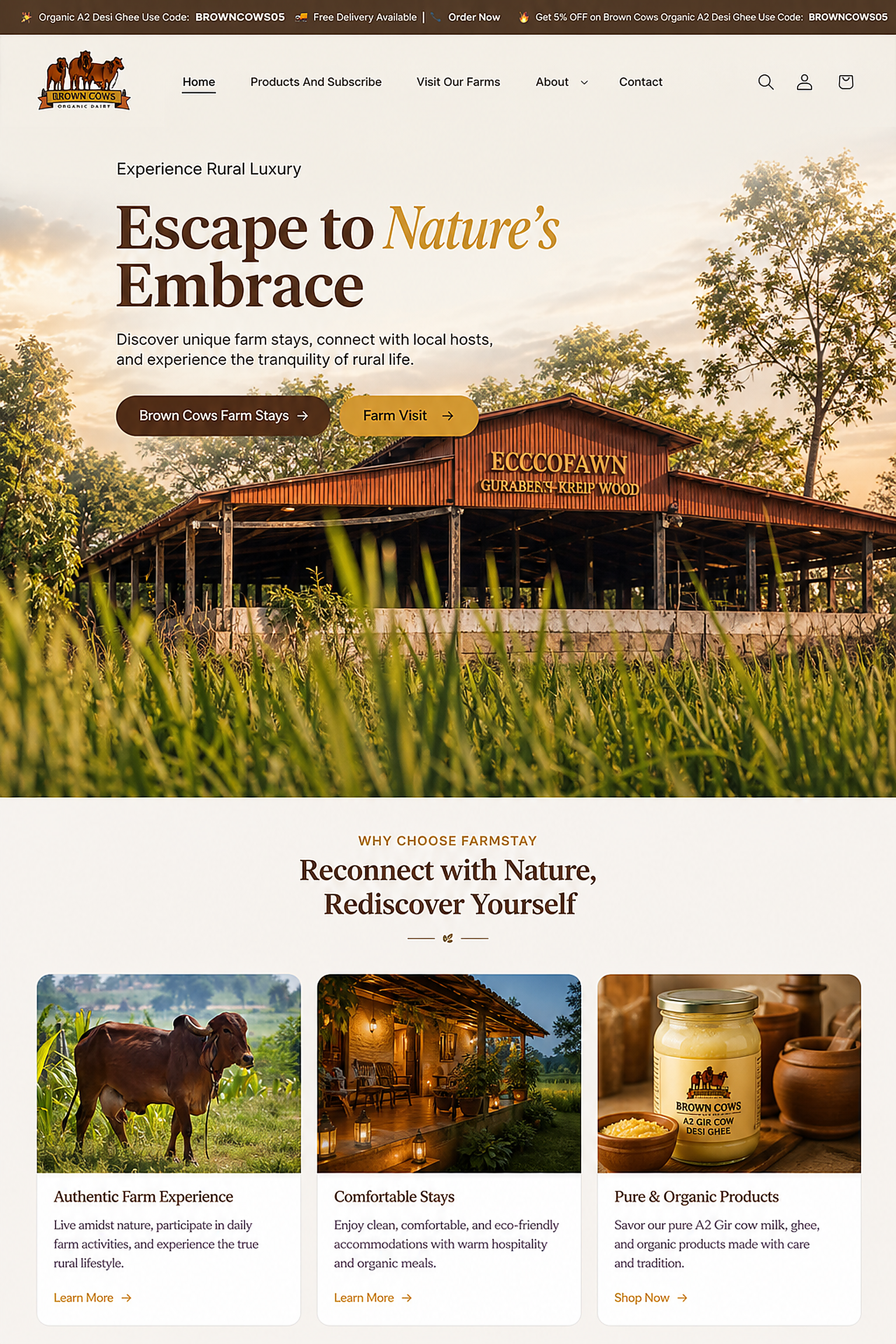 Homepage, FarmStay hero, dual CTAs, Why Choose FarmStay